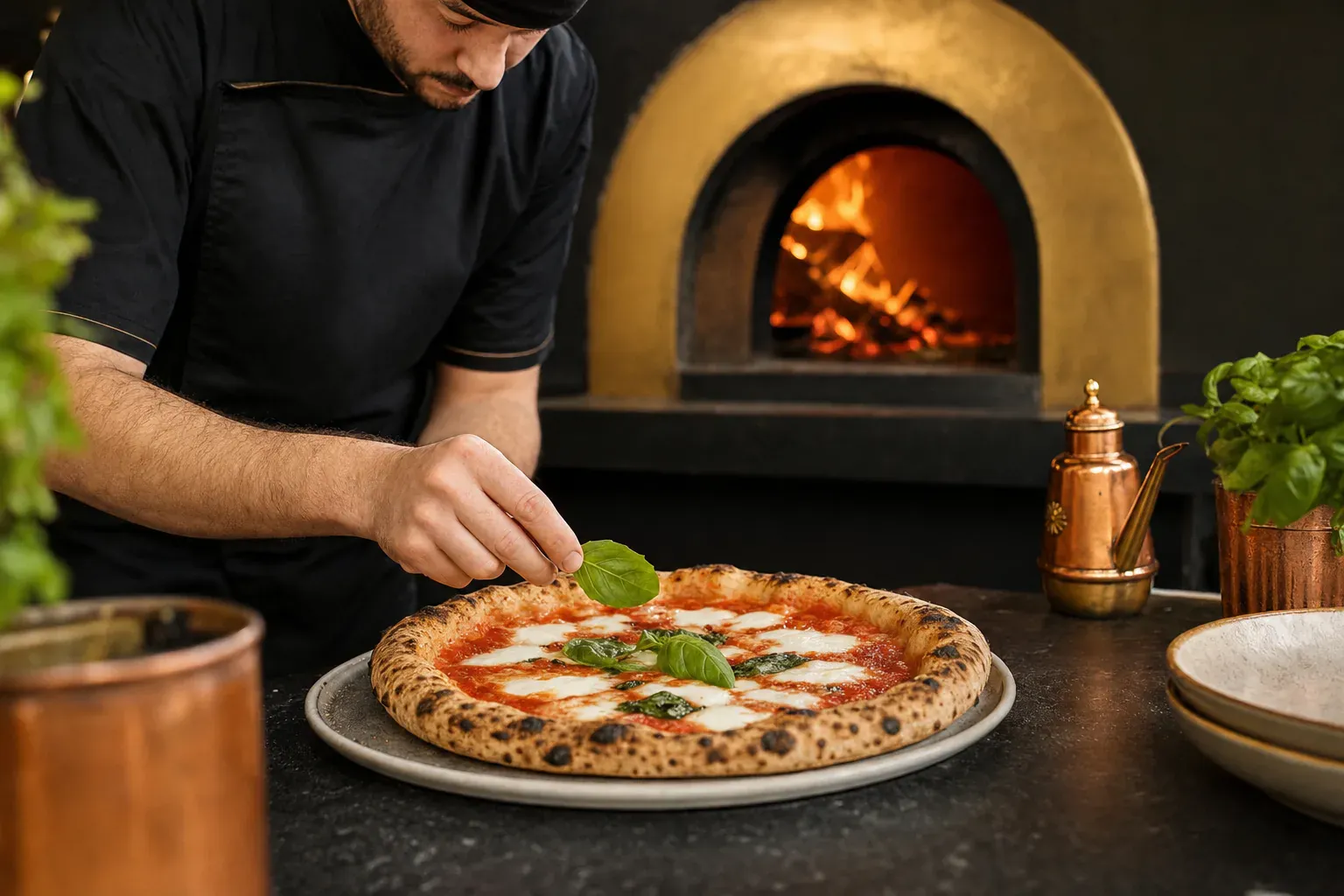 Illustration d'une authentique pizza napolitaine à la bordure gonflée, prête à être identifiée à ses signes distinctifs
