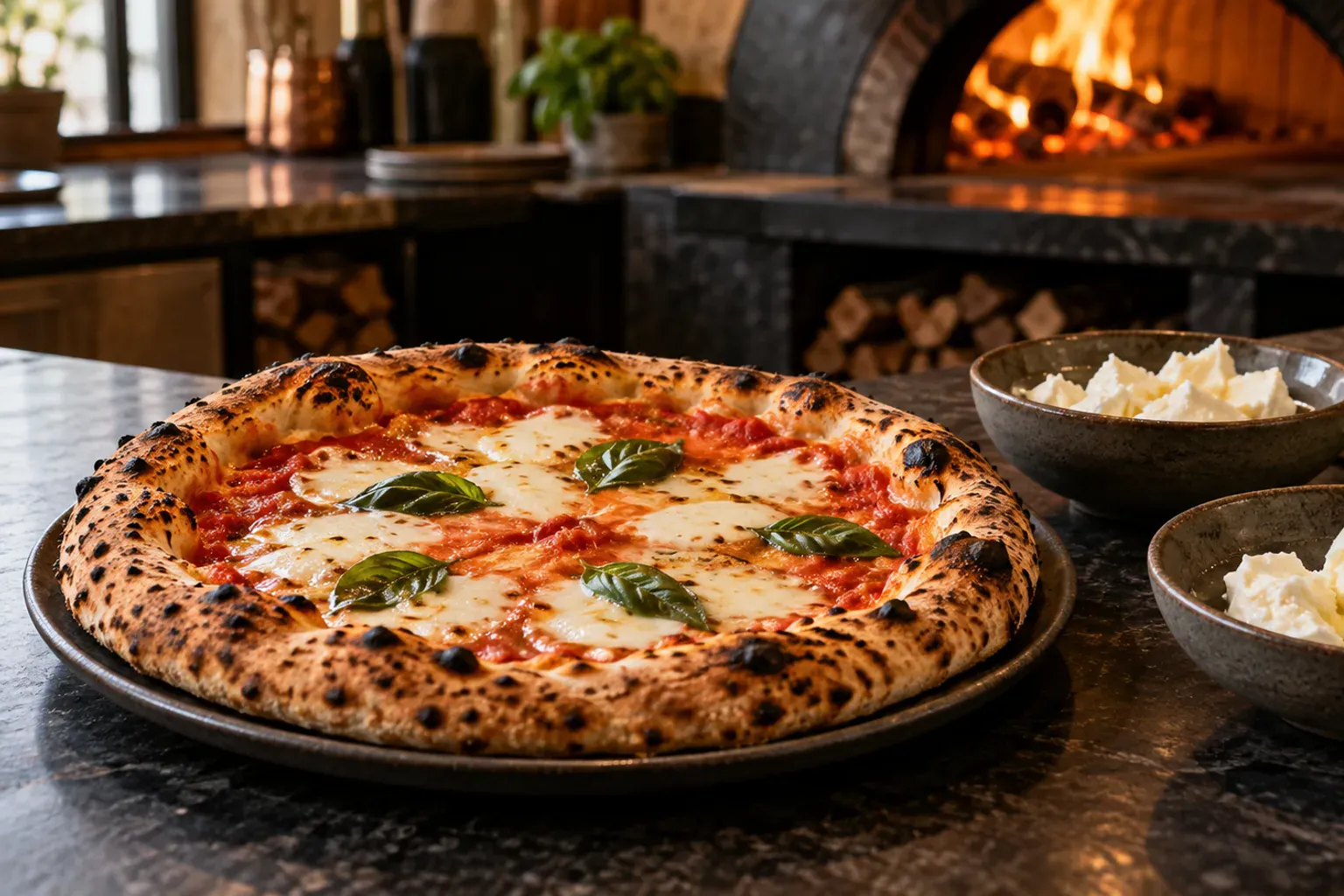 Illustration des fromages d'une pizza napolitaine : mozzarella fior di latte, mozzarella di bufala et fromages affinés