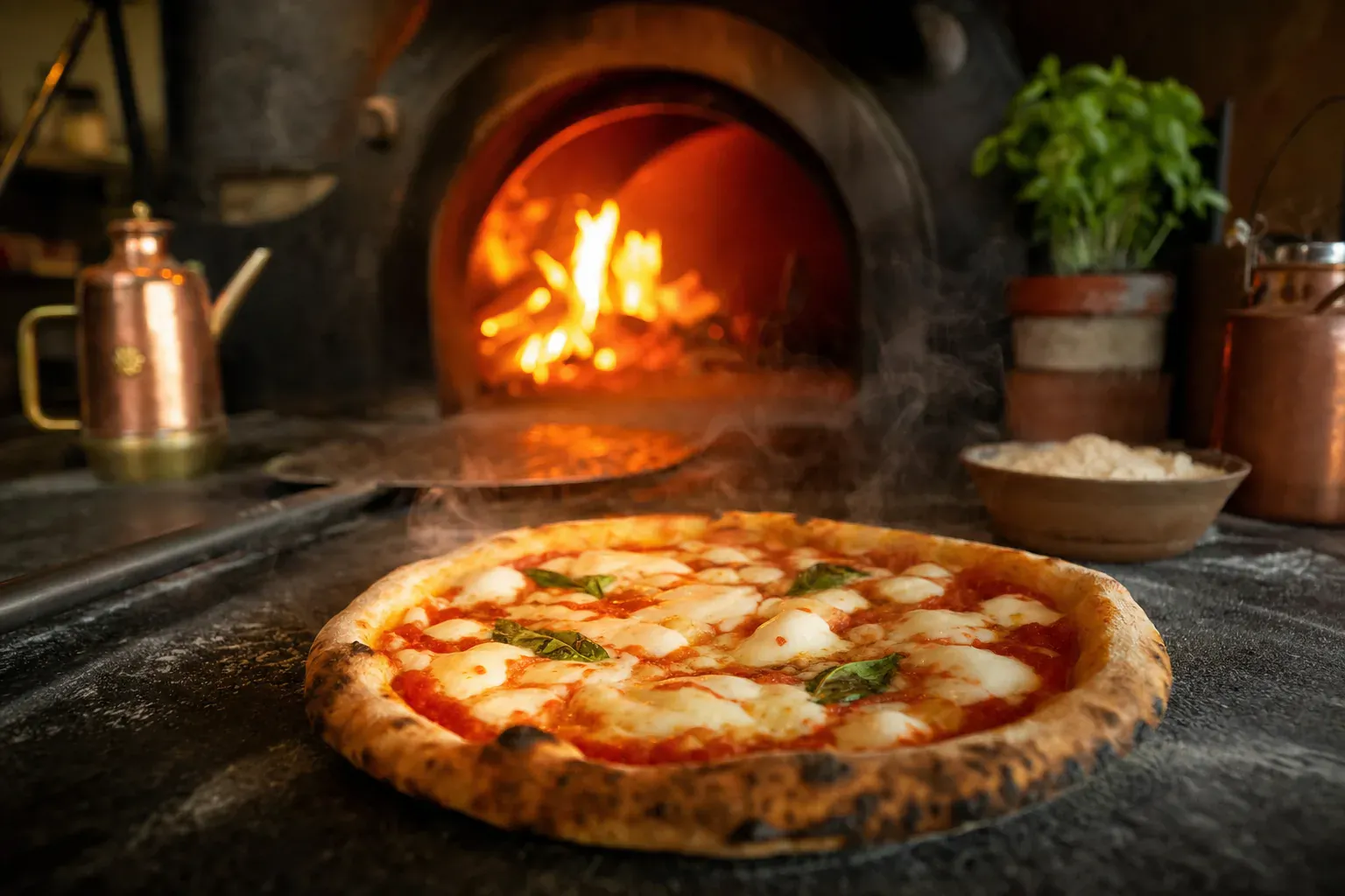 Illustration d'une pizza en cuisson dans un four à bois flamboyant, avec un chronomètre évoquant sa durée de cuisson