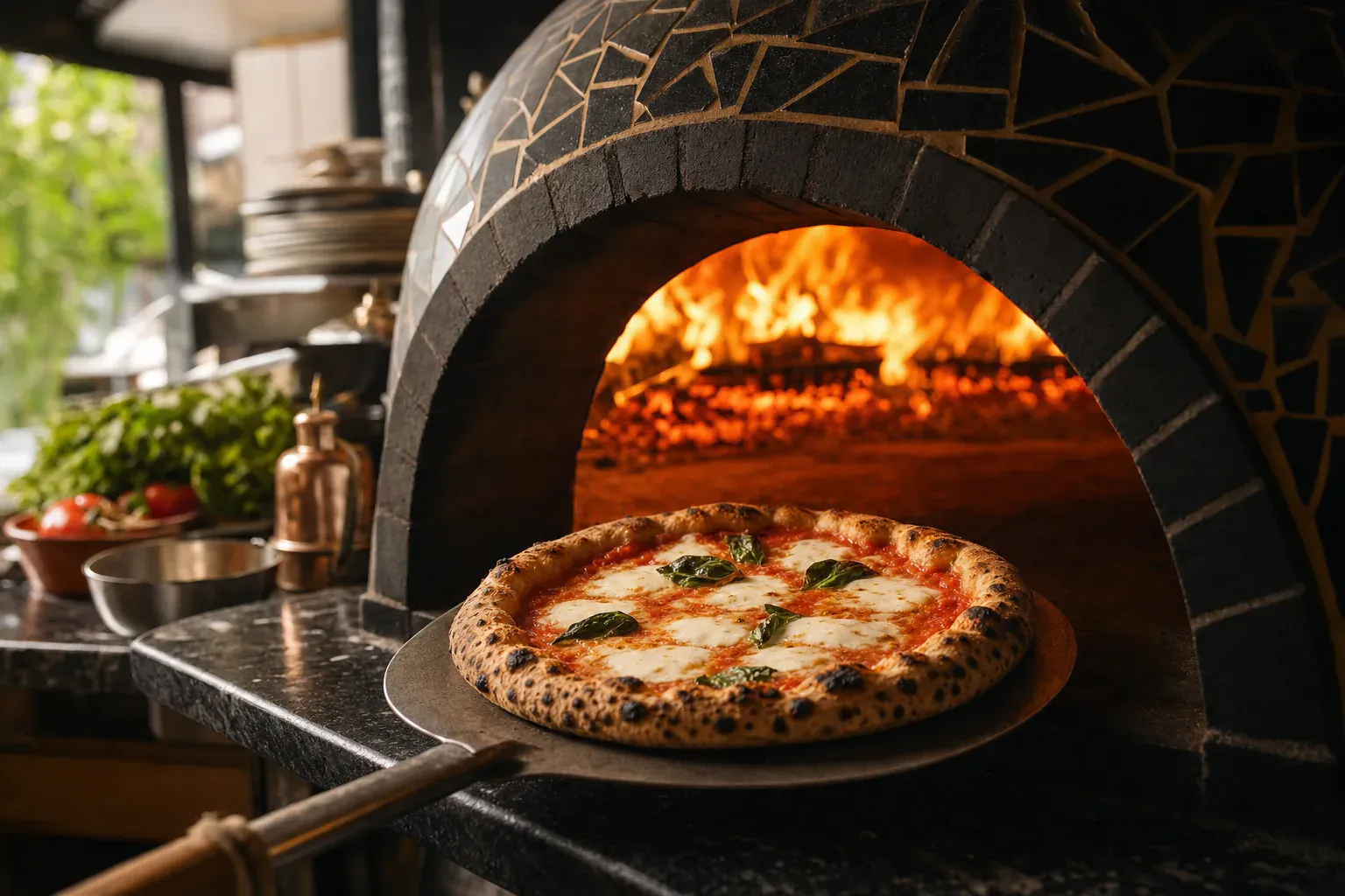 Illustration d'une pizza cuite à 450 degrés dans un four à bois, bordure gonflée et léopardage