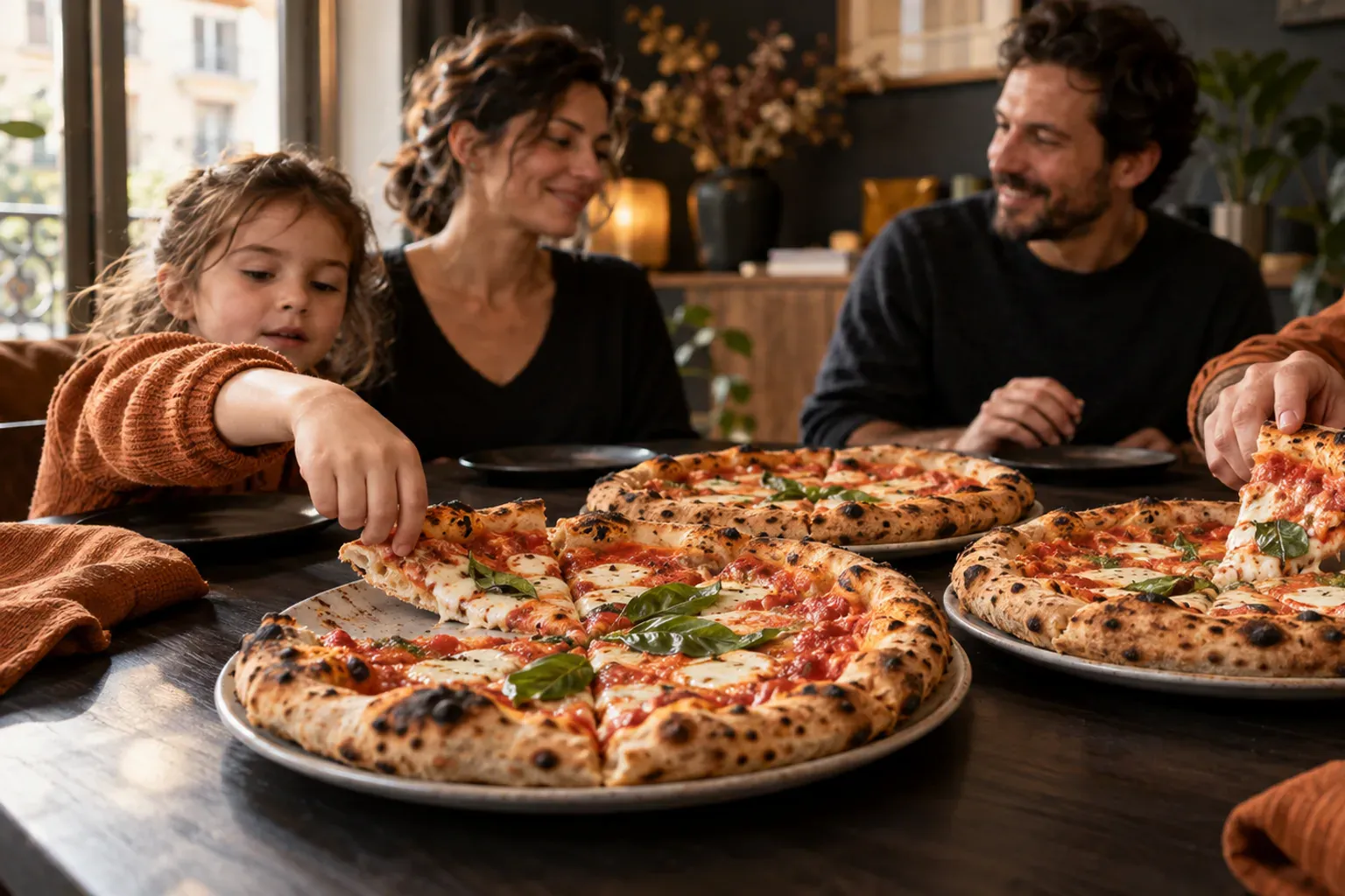 Illustration de pizzas napolitaines réparties sur une grande table pour calculer combien en commander par personne