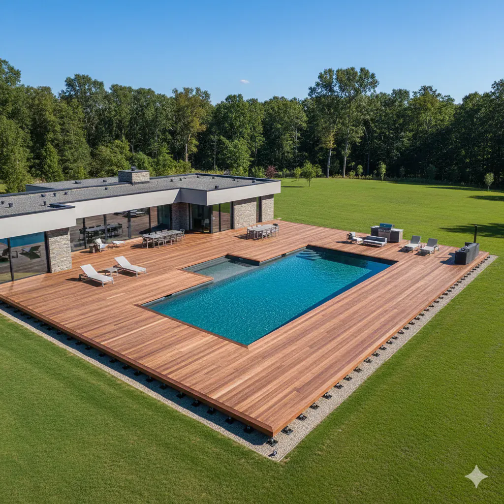 Vue aérienne d’une villa contemporaine avec grande terrasse, piscine et toiture propice à l’installation solaire
