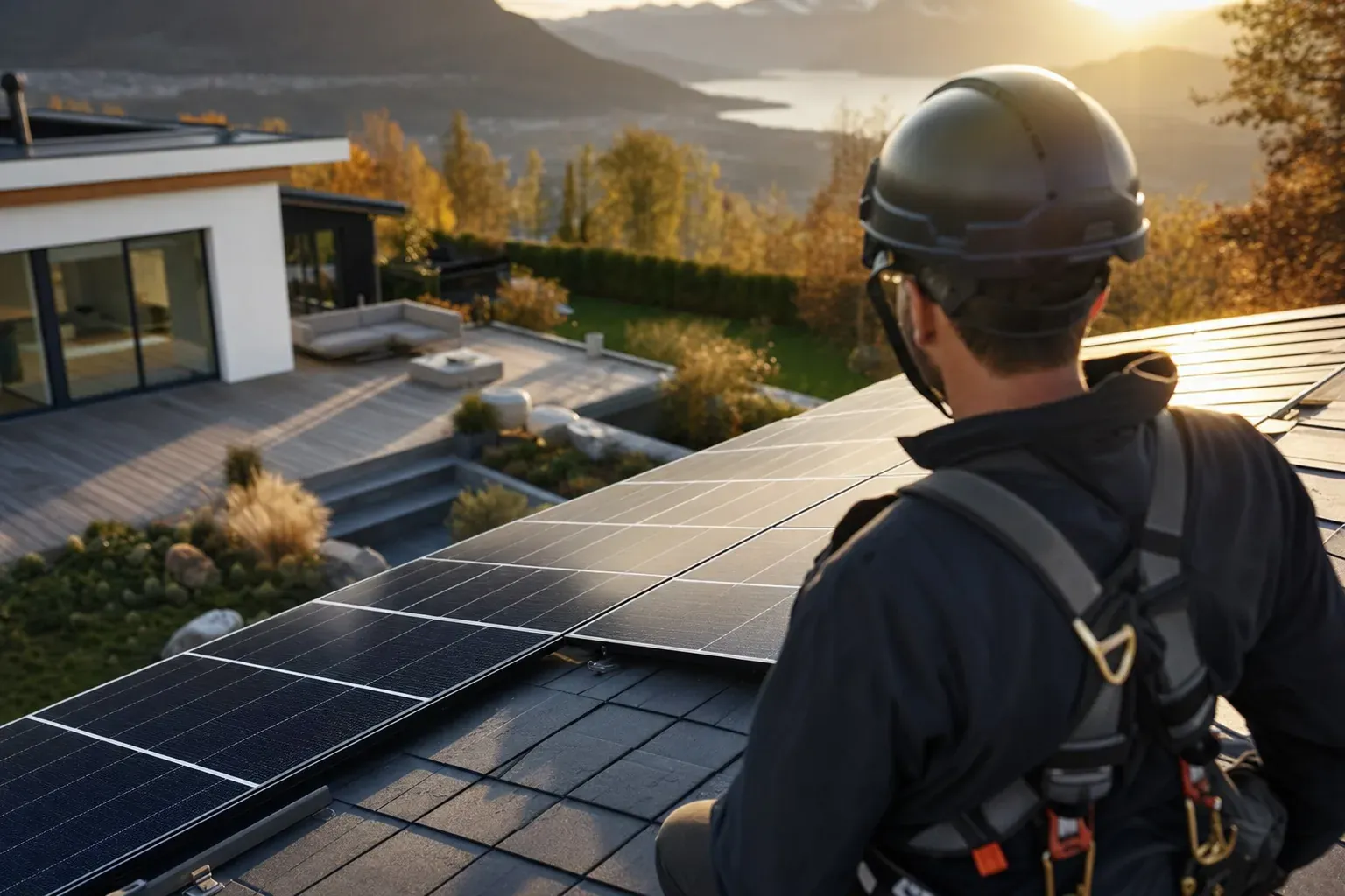 Vue aérienne d’une villa équipée de panneaux solaires en toiture, avec piscine et jardin, illustrant l’autoconsommation résidentielle