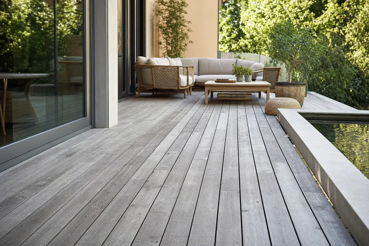 Villa contemporaine avec une grande terrasse en bois entretenue au bord d'une piscine