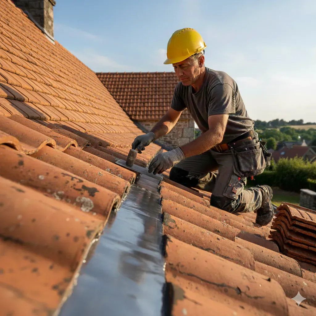 Intervenant travaillant sur la couverture d'une toiture