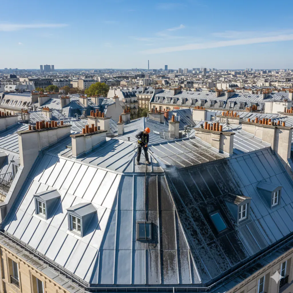 Technicien cordiste inspectant une toiture en zinc a la recherche d'une fuite