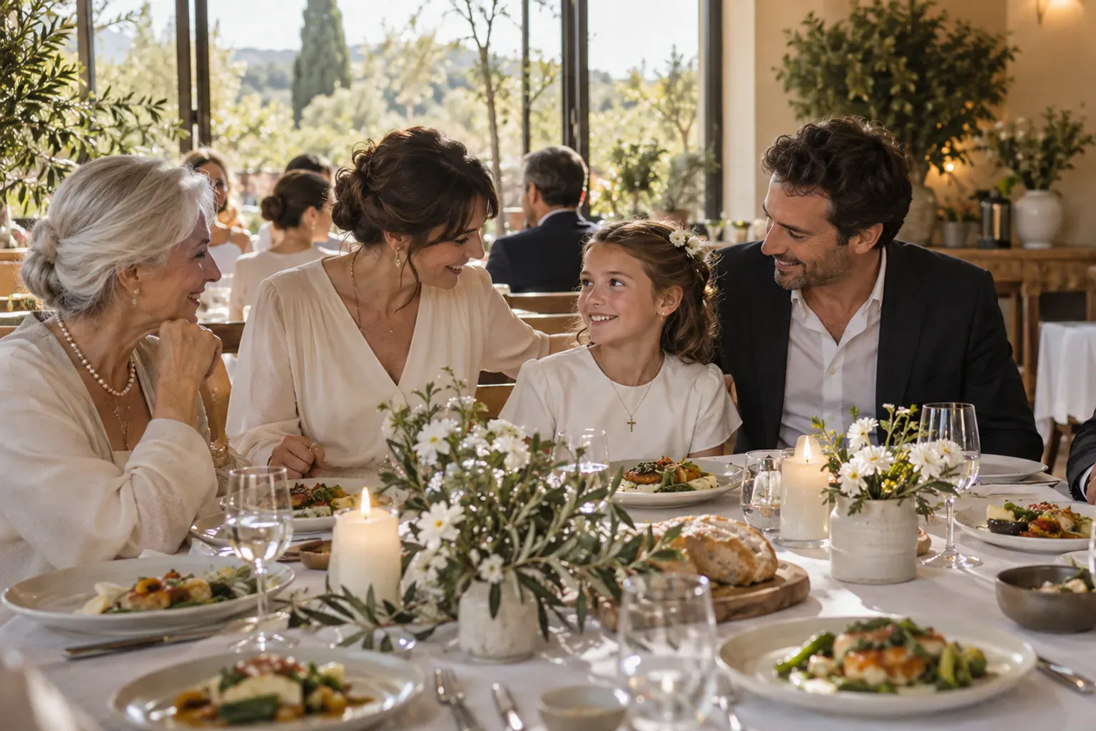 Salle de restaurant lumineuse aux tables dressées de nappes blanches, prête pour un repas de baptême en famille