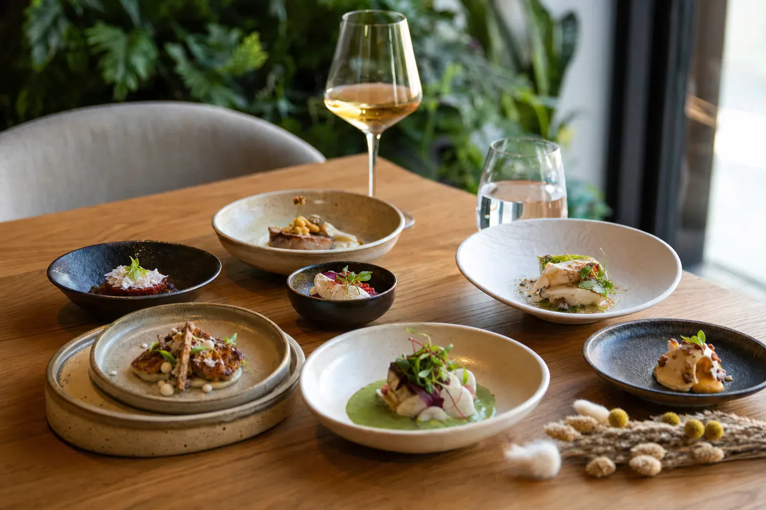 Assiette gastronomique dressée servie à table dans un restaurant, dans l’esprit d’un menu dégustation