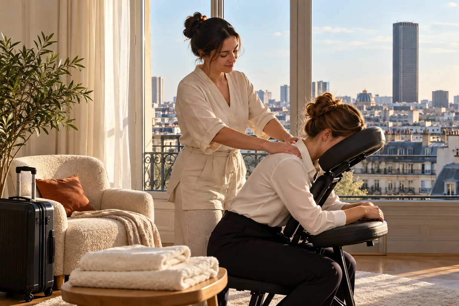 Praticienne massant le dos d'un homme allongé sur une table de massage dans un salon, à domicile