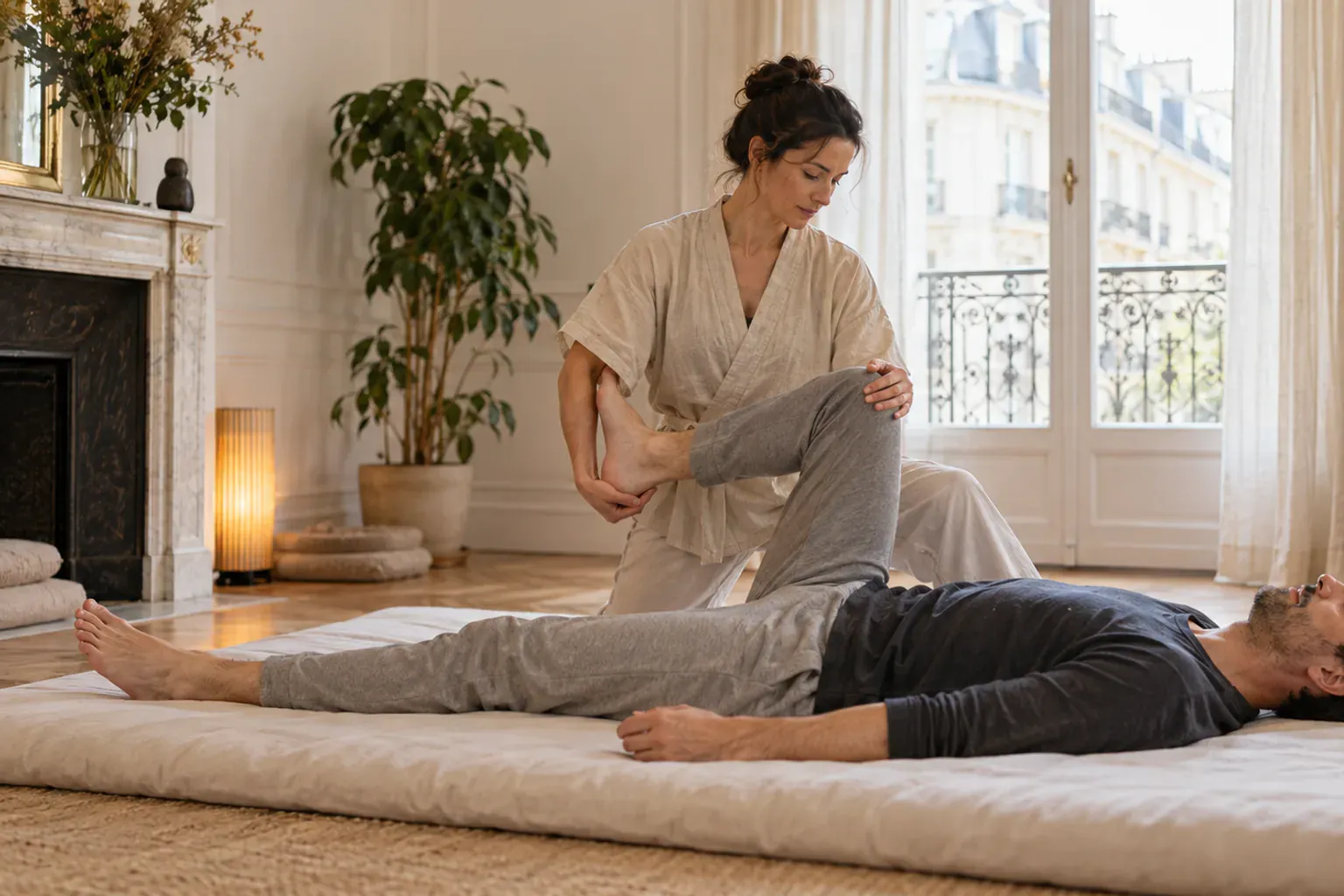Mains d'une praticienne posées délicatement sur le dos d'une personne allongée, geste typique du shiatsu