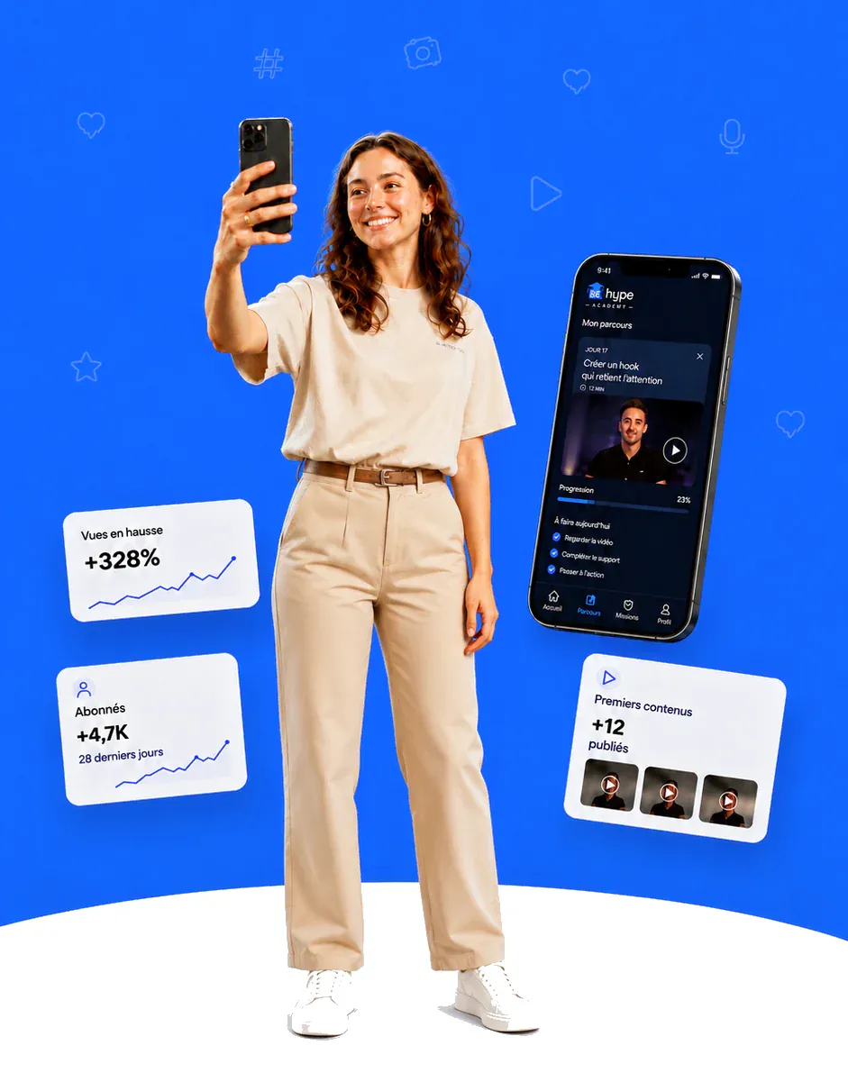 Créatrice de contenu et aperçu de l’application BeHype Academy avec son suivi de progression
