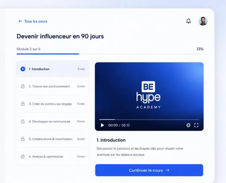 Interface BeHype Academy — cours