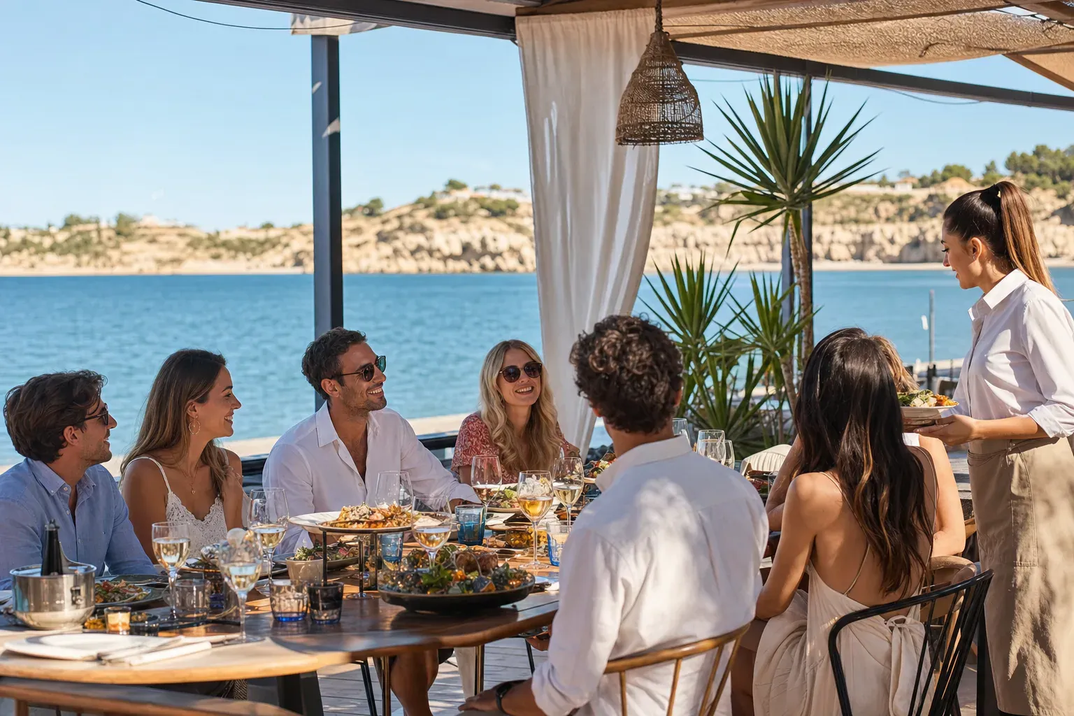 Table de fête dressée en terrasse face à la mer pour un anniversaire de groupe sur la Côte Bleue