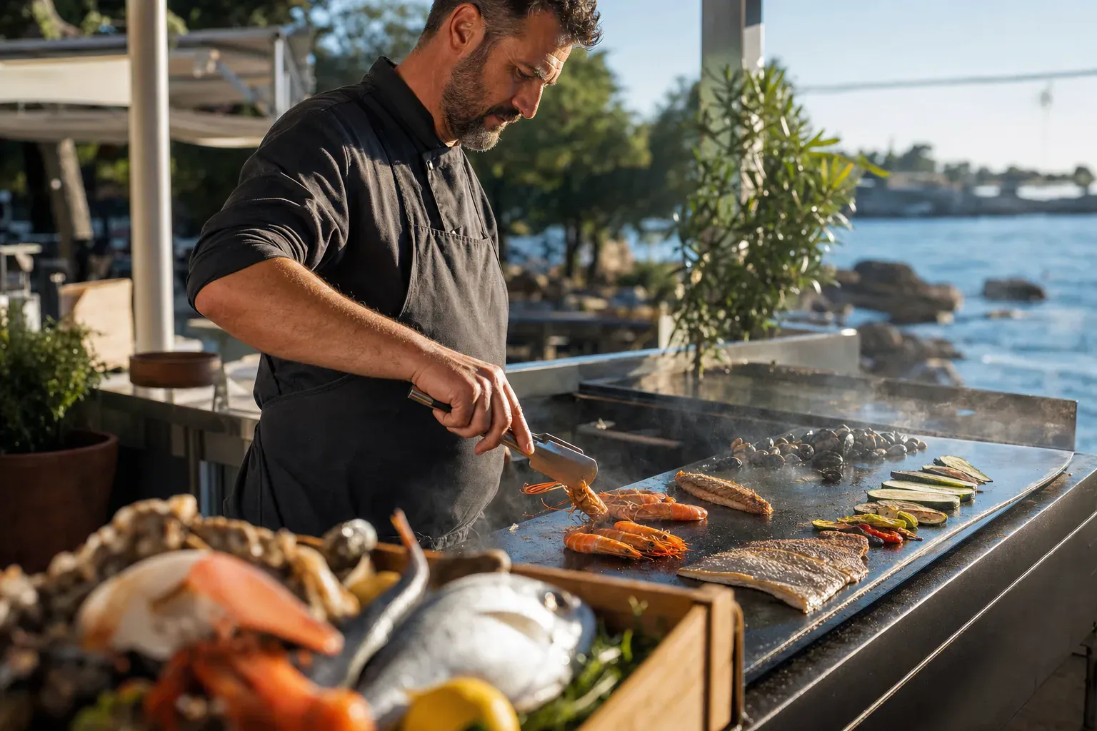 Poissons, gambas et poulpe grillés à la plancha en bord de mer sur la Côte Bleue