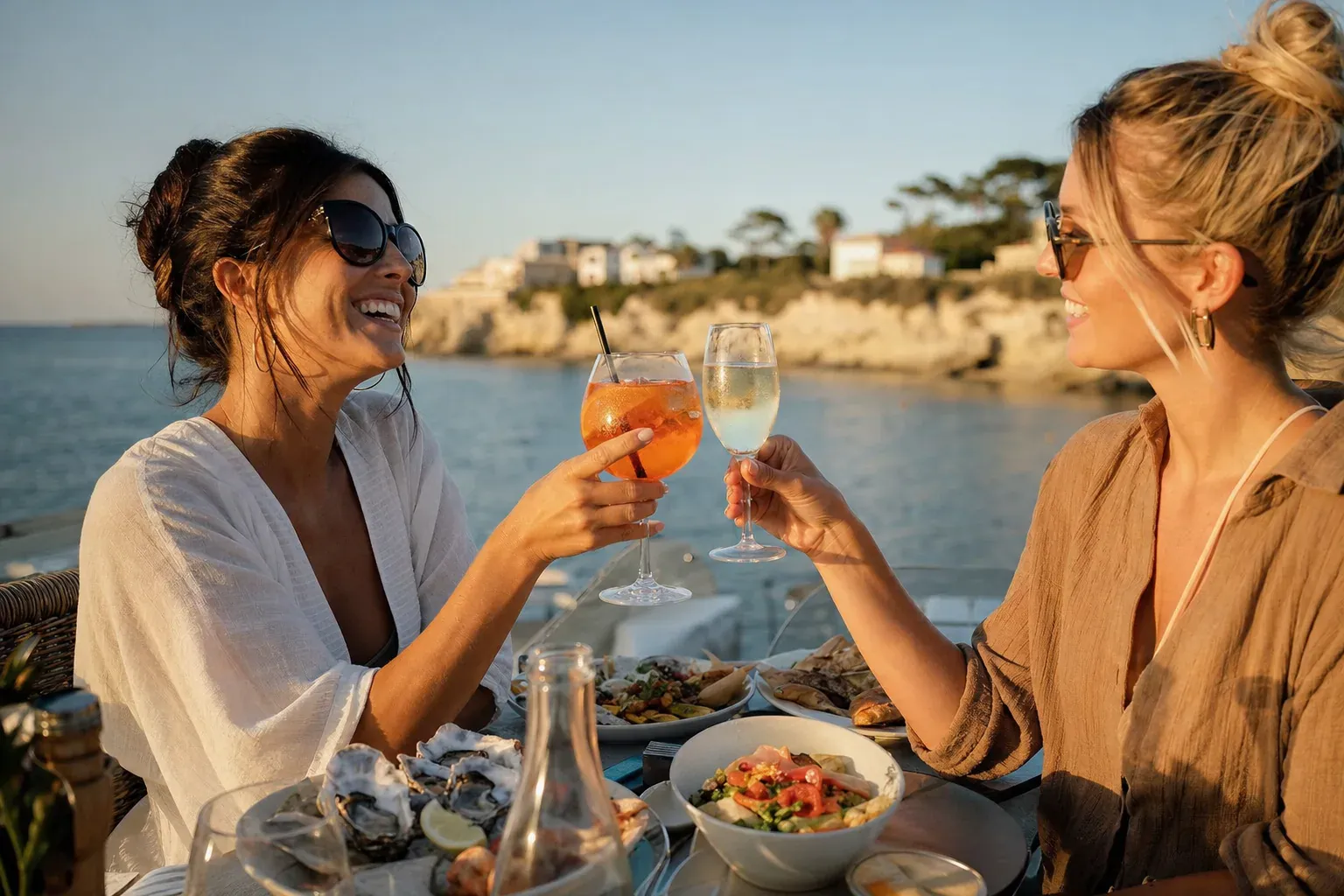 Prosecco et spritz servis en terrasse face a la Mediterranee au coucher du soleil a Sausset-les-Pins
