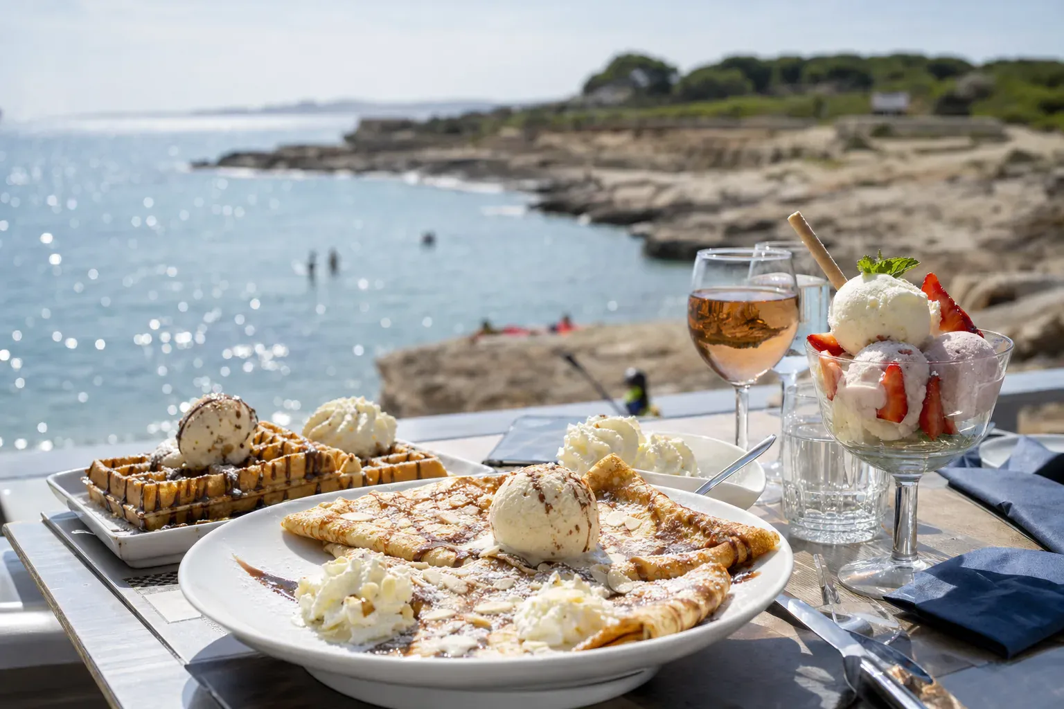 Glaces, crepes et gaufres servies en terrasse face a la mer a Sausset-les-Pins sur la Cote Bleue