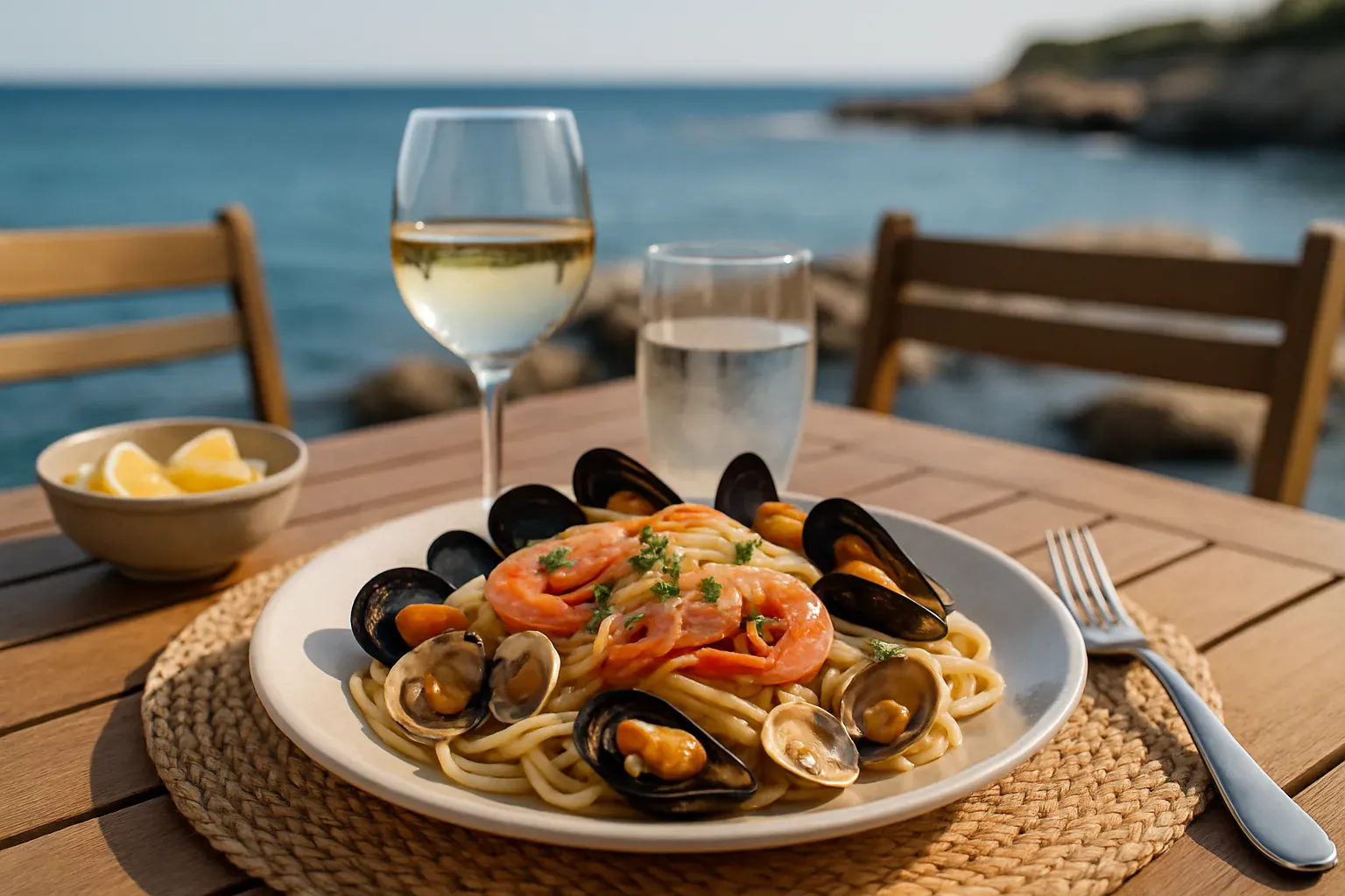 Assiette de pâtes aux fruits de mer de la Côte Bleue, linguine aux palourdes et gambas, servie face à la mer à Sausset-les-Pins