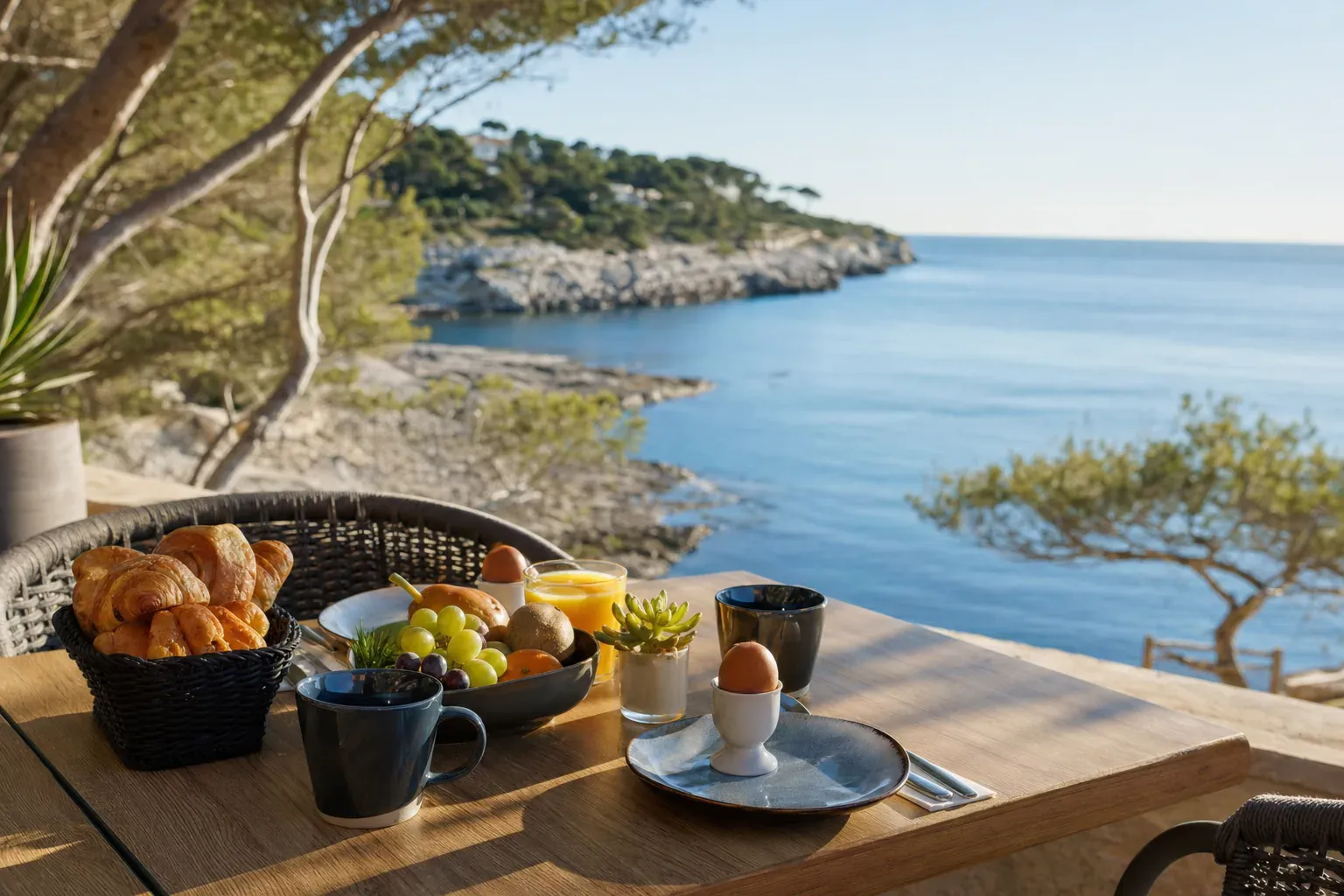 Petit déjeuner servi en terrasse face à la mer sur la Côte Bleue, lumière du matin sur la Méditerranée