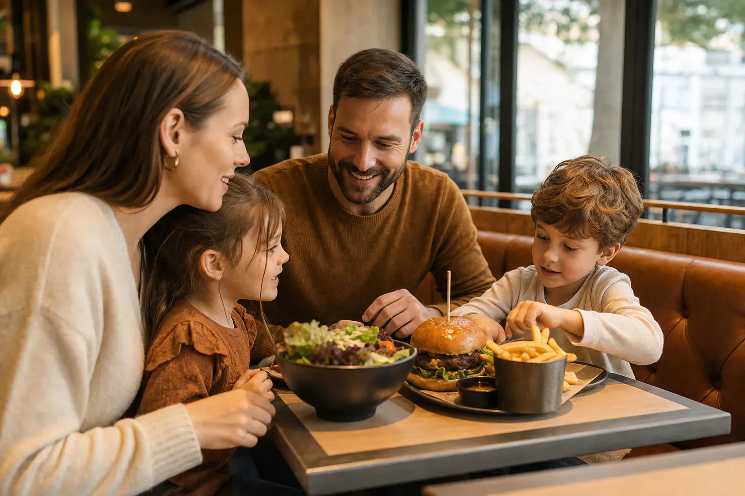 Repas convivial partagé en famille — burgers, frites et nuggets à se passer autour de la table chez Burger Industry, à Lambesc