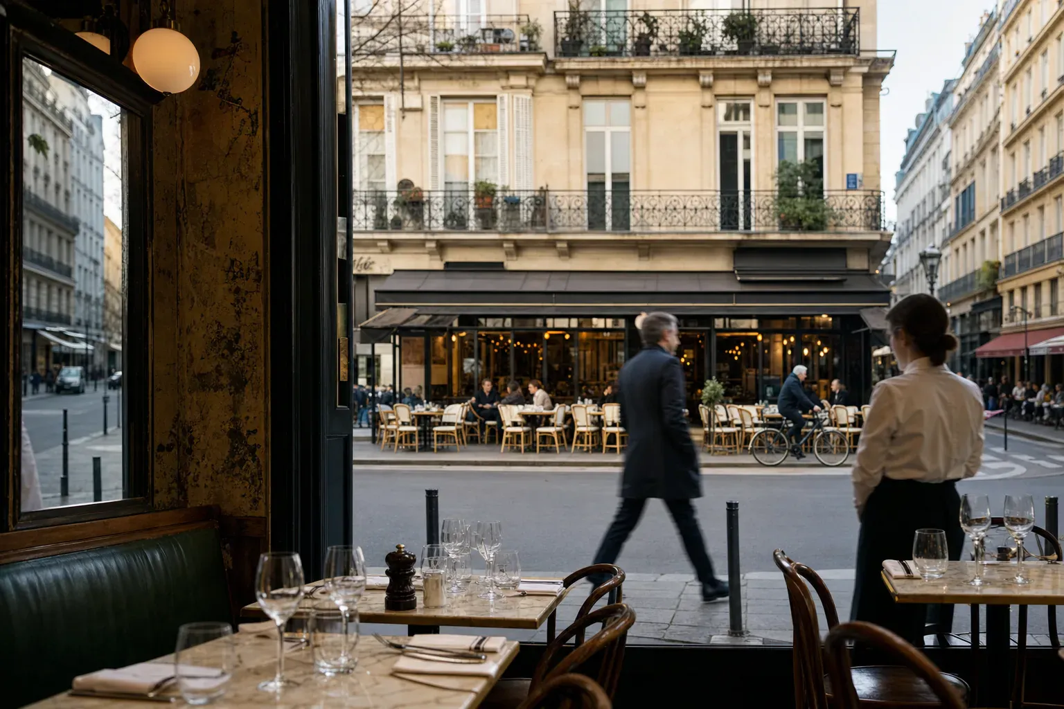 Terrasse d'un café-bistrot parisien avec tables rondes en bois, dans le 20e arrondissement