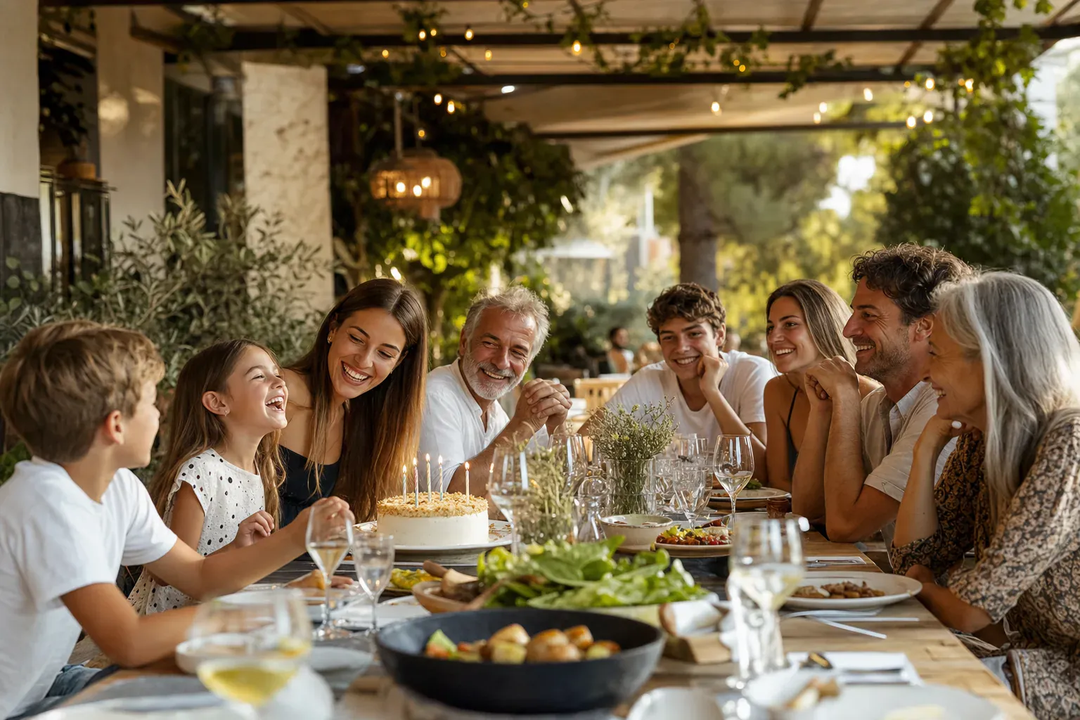 Illustration of a multi-generation birthday meal at a restaurant.