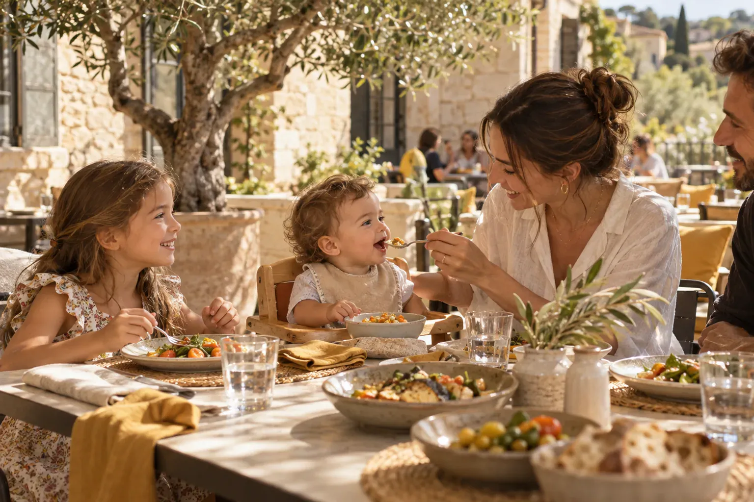 Illustration of a family sharing a relaxed restaurant meal in Bouc-Bel-Air.