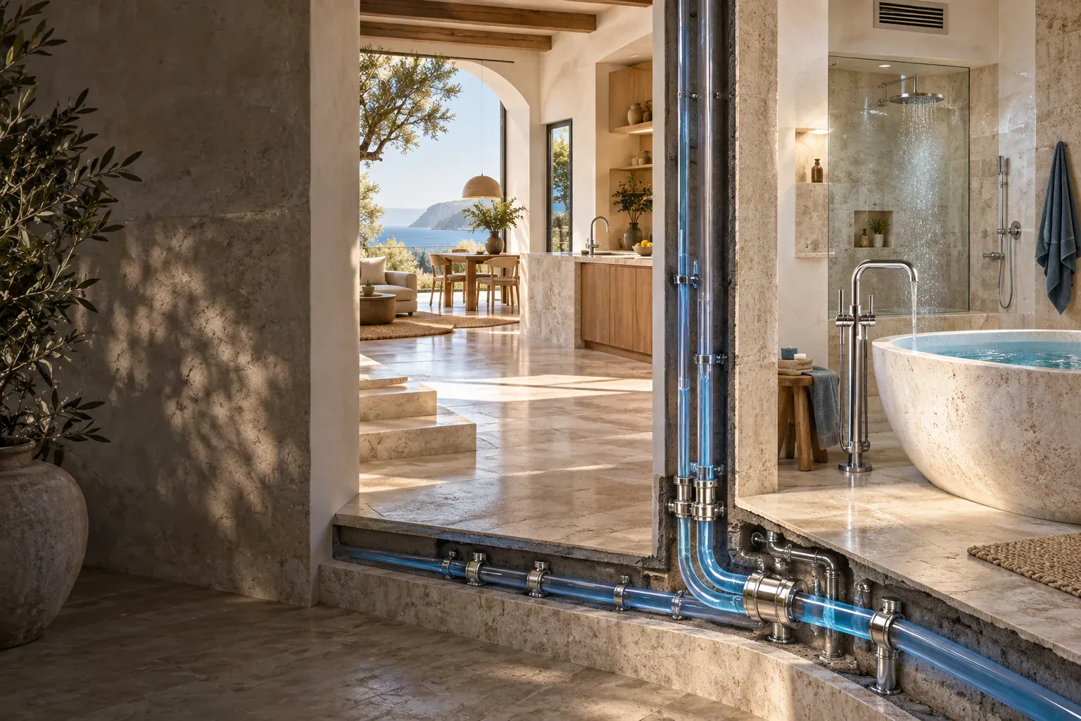 Salle de bain en travertin avec baignoire ovale et canalisations apparentes, rappel du trajet de l’eau dans la maison