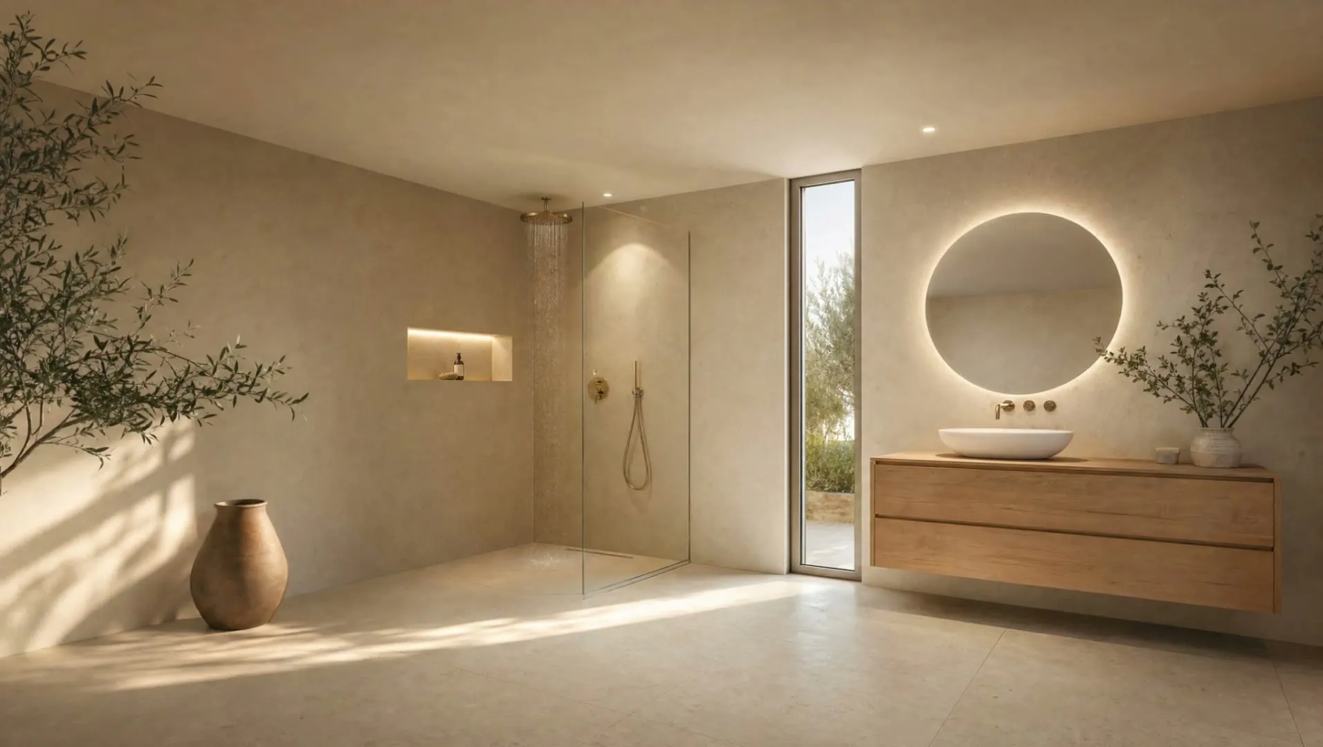 Salle de bain minimaliste et lumineuse avec douche à l’italienne, un espace où l’humidité varie fortement au fil de la journée
