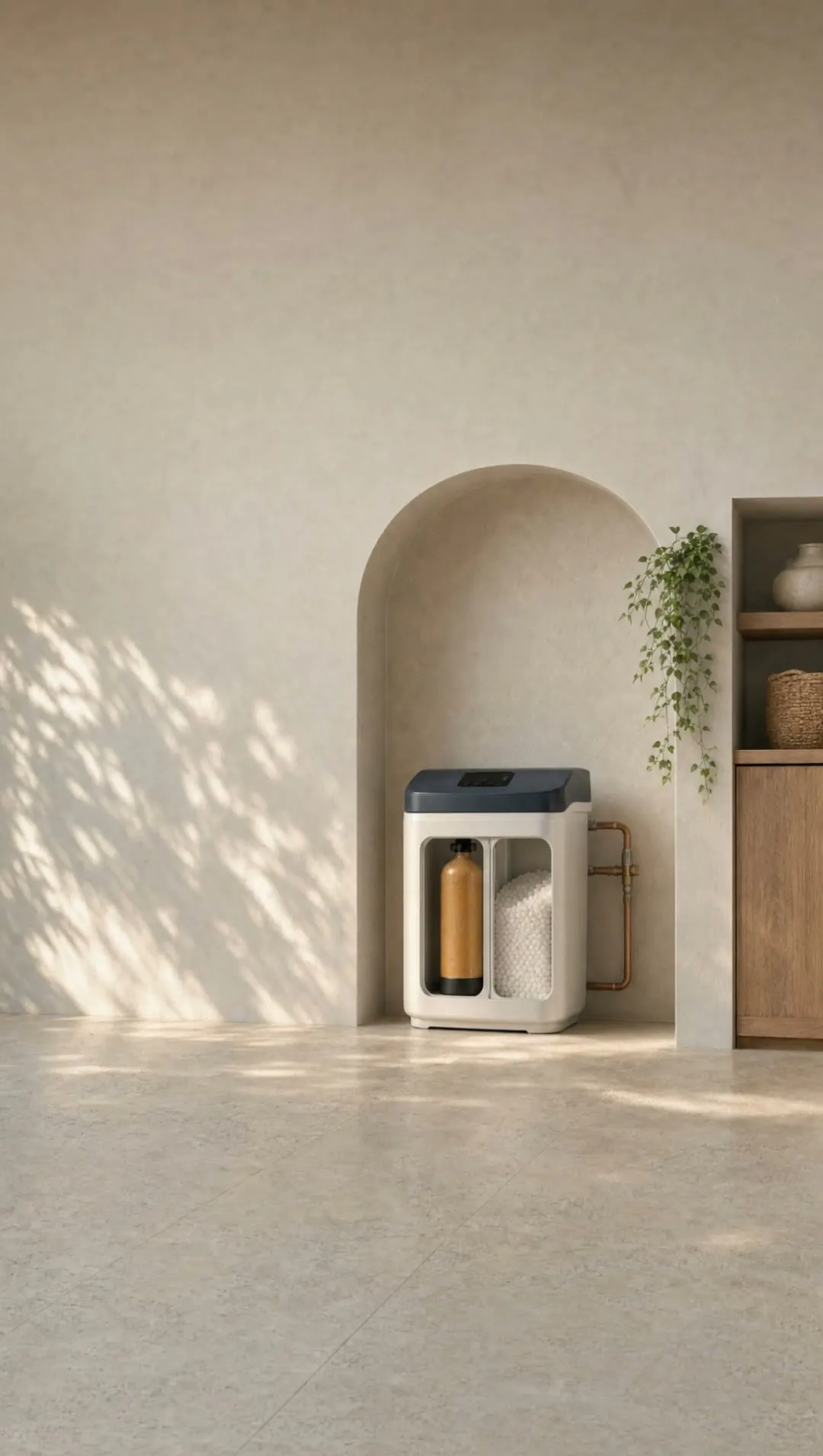 Adoucisseur d’eau compact au design épuré mis en scène dans une niche arquée d’intérieur
