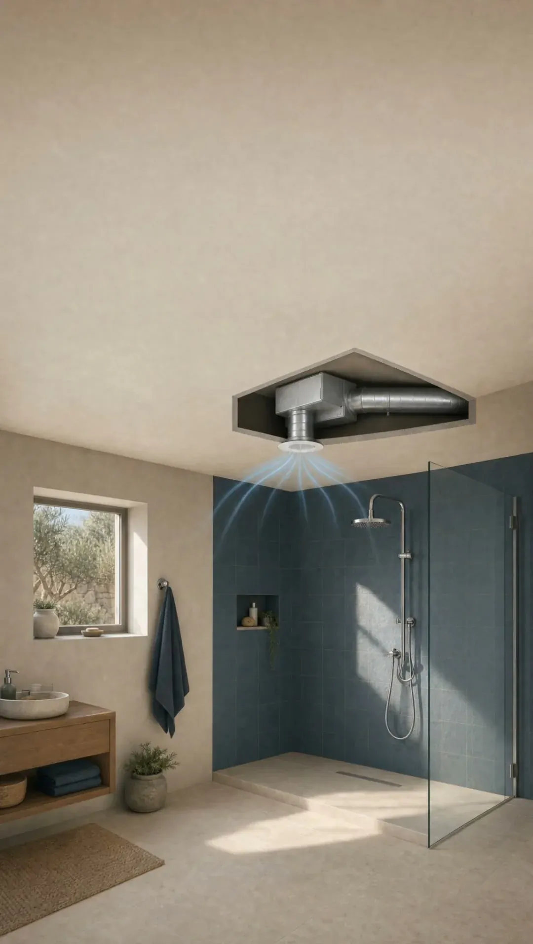 Illustration d’une salle de bain avec douche à l’italienne et bouche de ventilation au plafond