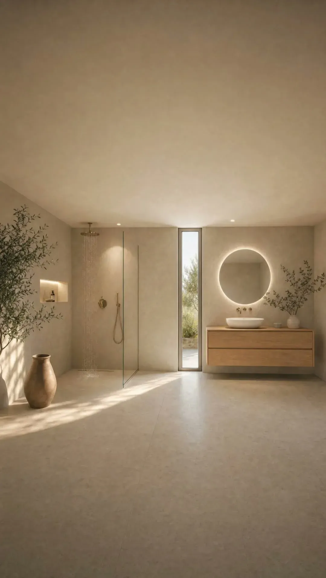 Salle de bain avec douche à l'italienne et meuble vasque en bois, pièce humide desservie par une bouche de VMC