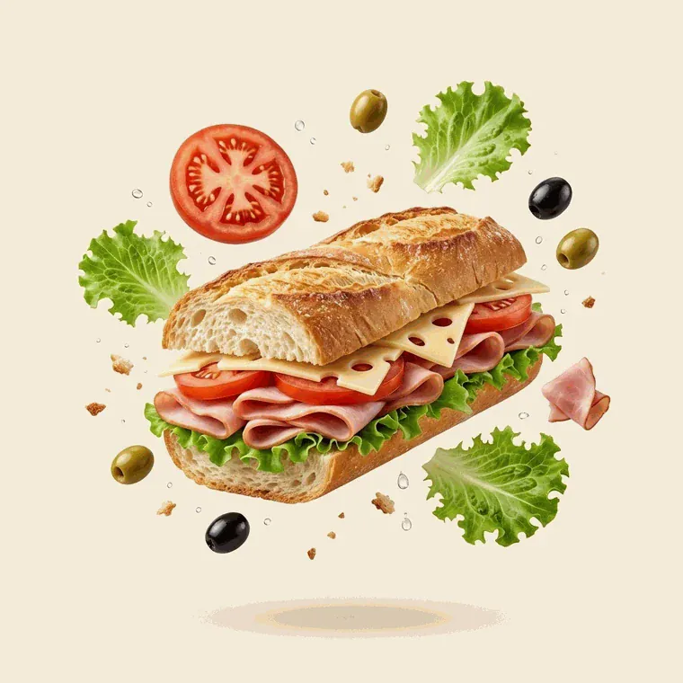 Sandwich en baguette garni de jambon, salade, tomate et fromage, préparé au comptoir COFFEAT