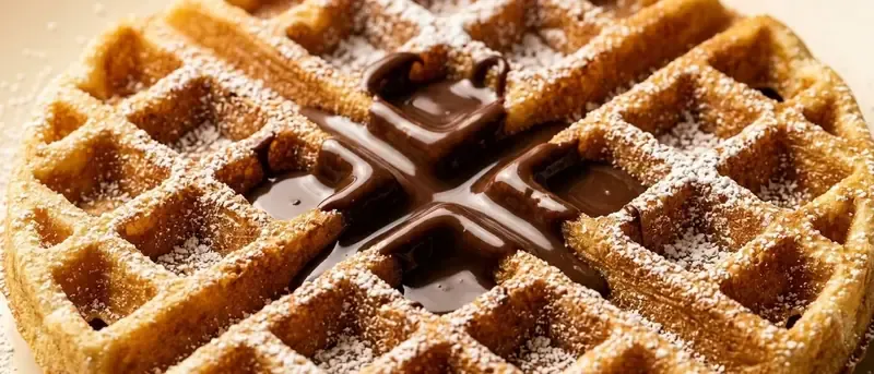 Gaufre COFFEAT dorée nappée de chocolat et saupoudrée de sucre glace, servie au Prado