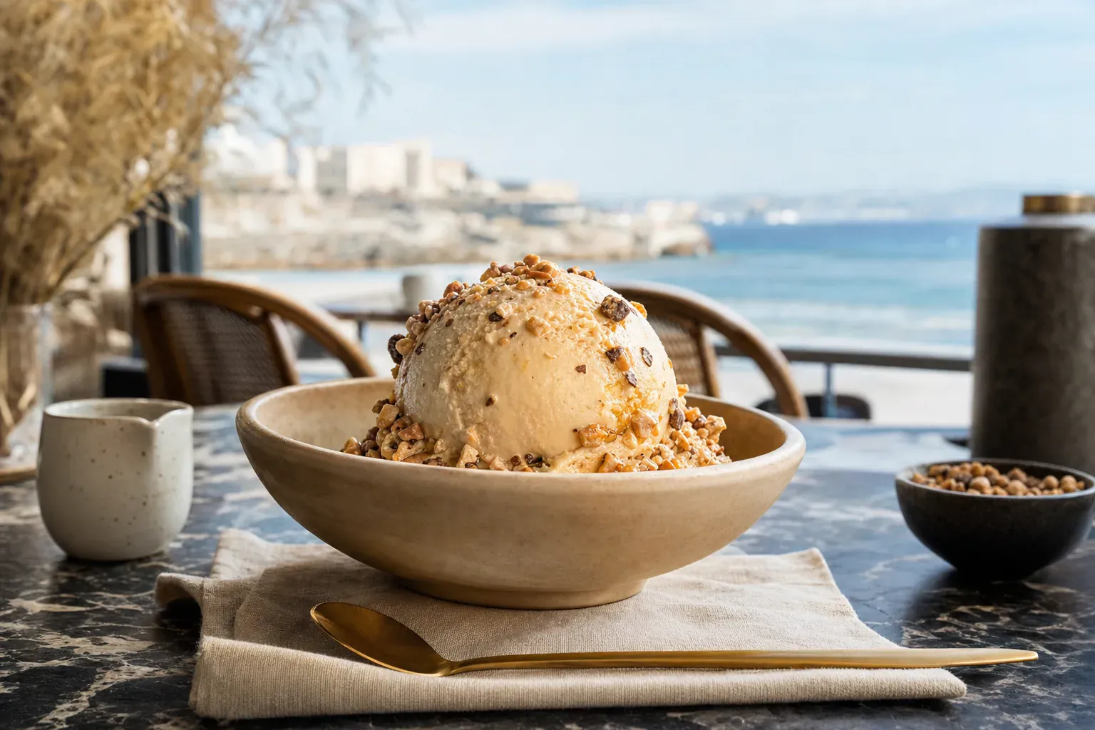 Cornet de glace double boule pistache et vanille avec une éclaboussure de lait