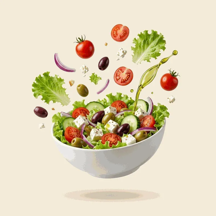 Salade fraîche du jour servie en bol : crudités, feta et olives