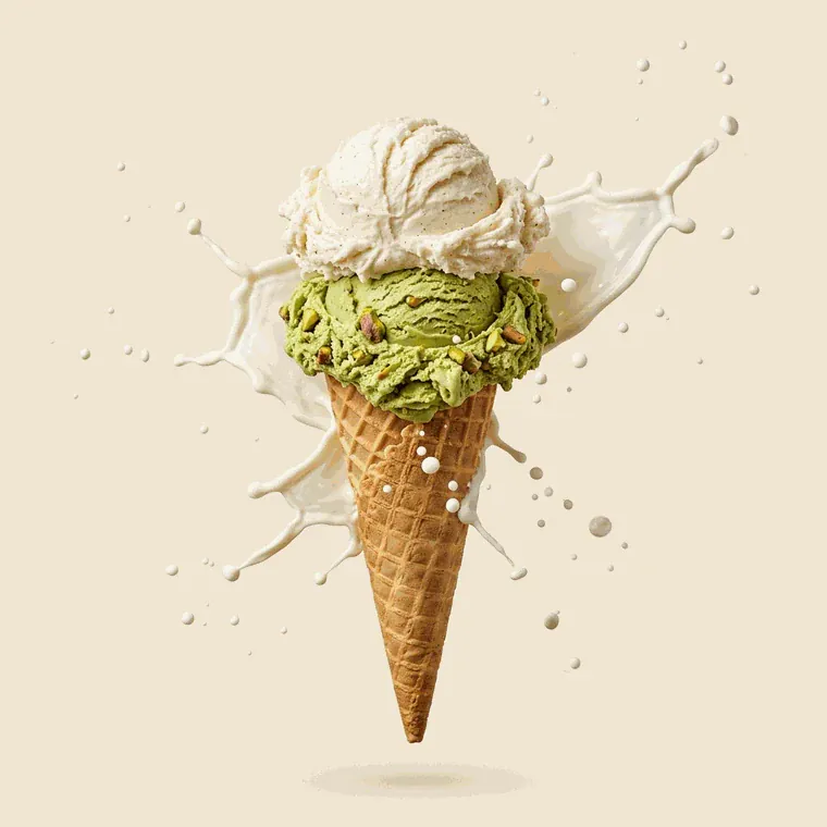 Cornet de glace artisanale, deux boules pistache et vanille turbinées sur place