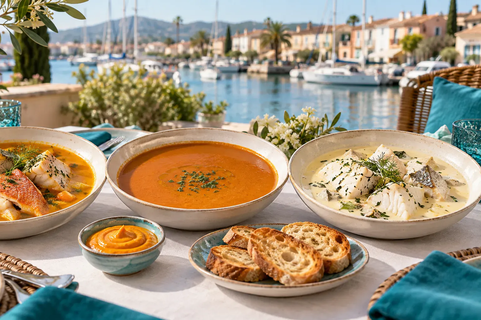 Bouillon doré versé sur un plat de poissons à La Marée, Port Grimaud