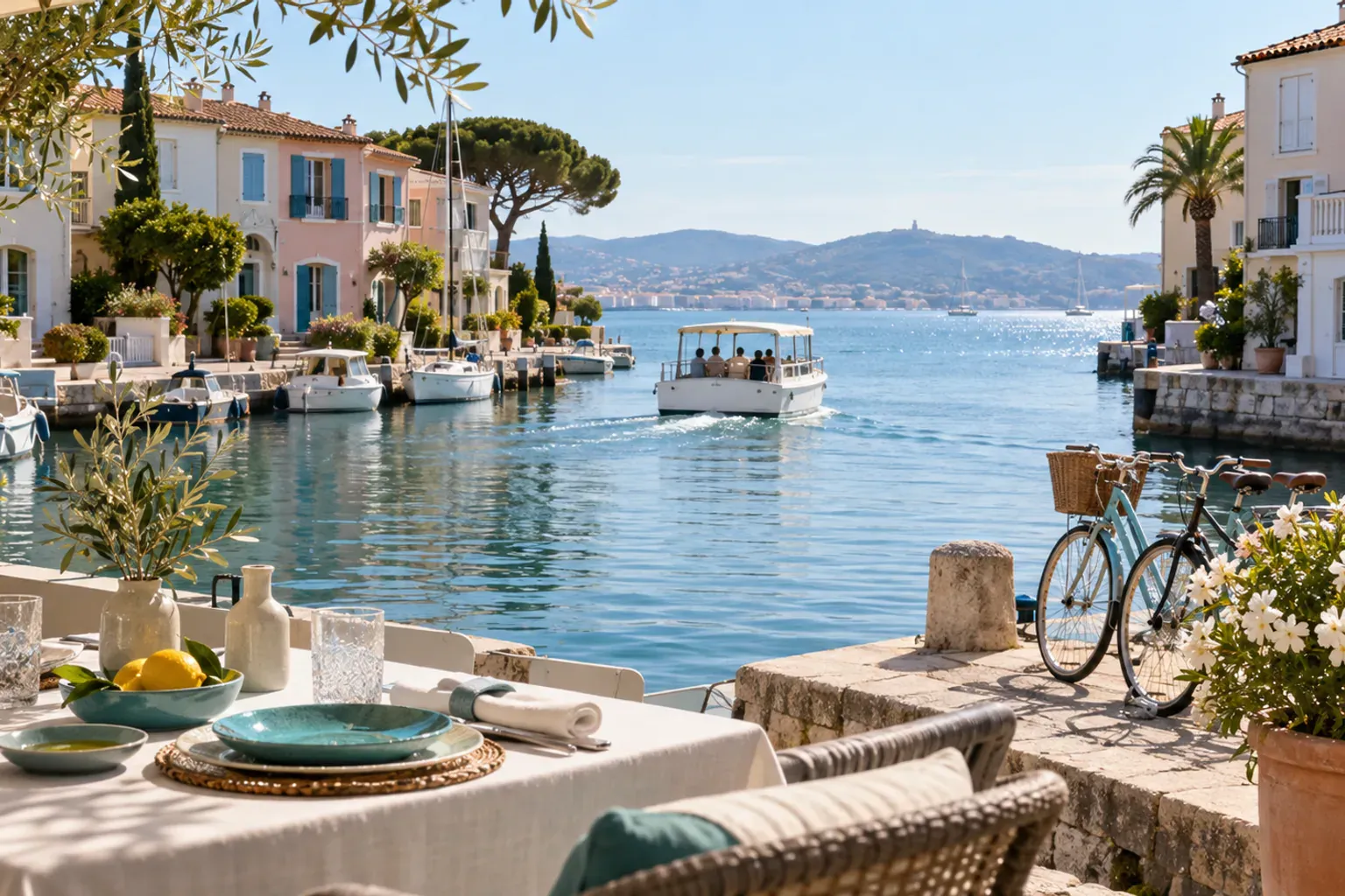 Maisons colorées et voiliers amarrés de Port Grimaud reflétés dans un canal, point de départ vers Saint-Tropez