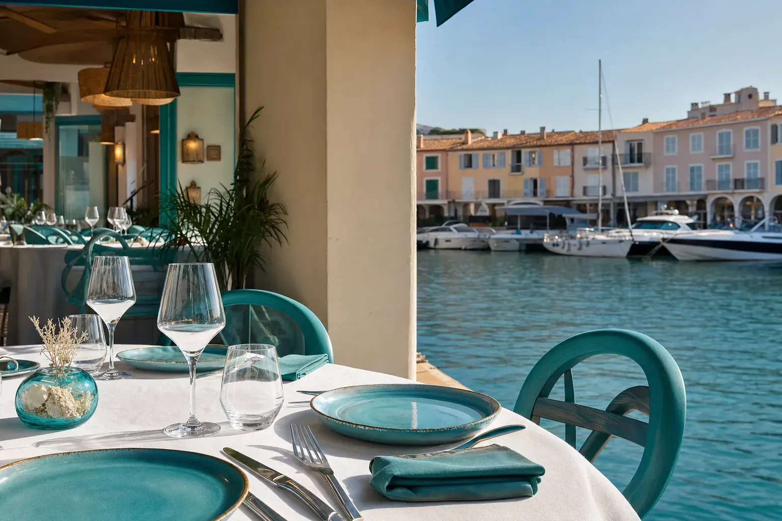 Maisons colorées de la cité lacustre de Port Grimaud et voiliers amarrés, reflétés dans l'eau d'un canal