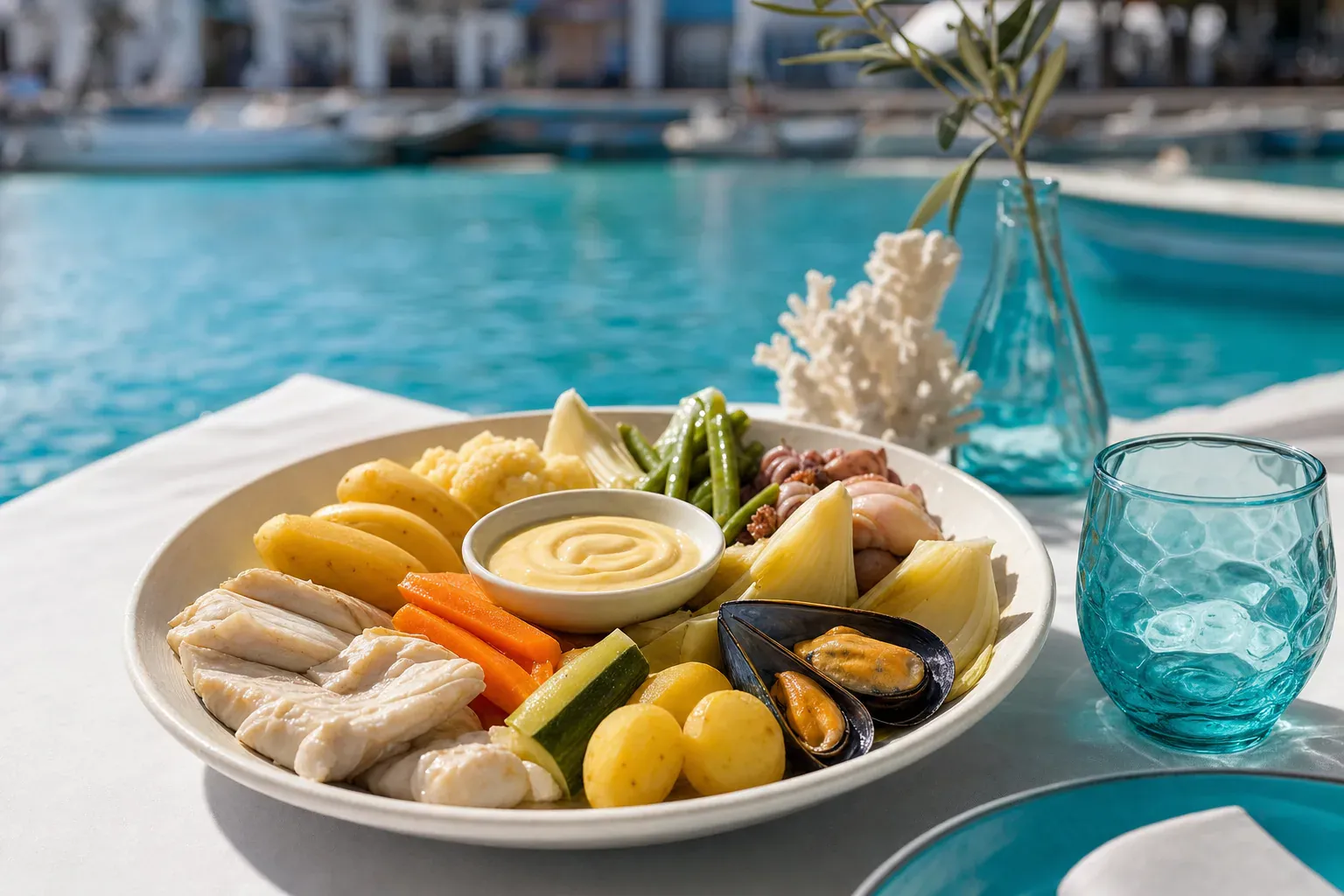 Assiette de grand aïoli à La Marée : poisson poché, moules, légumes et œufs durs autour de la sauce ail et huile d'olive