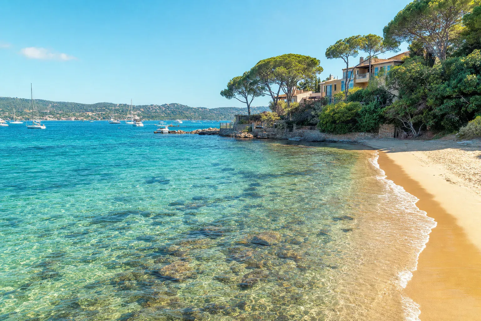 Maisons colorées et voiliers amarrés sur un canal de Port Grimaud, à quelques pas de la plage