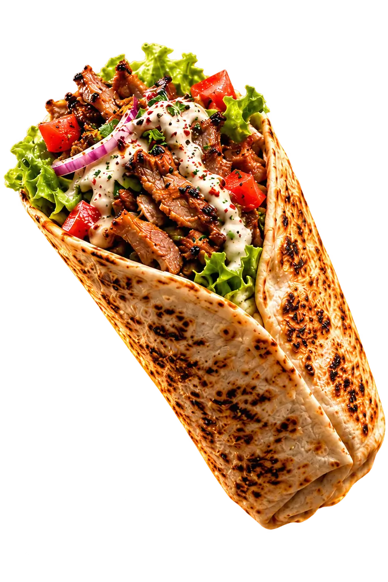 Kebab généreux dans une galette grillée, viande, crudités et sauce
