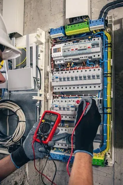 Électricien testant un tableau électrique au multimètre avant l'installation d'une borne