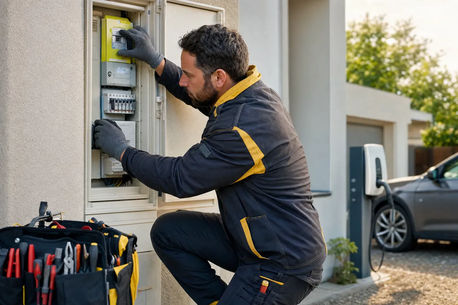 Électricien équipé de gants intervenant au tournevis sur un tableau électrique privé