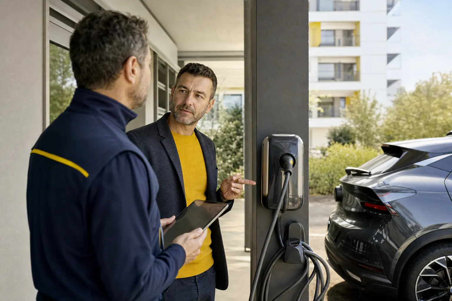 Câble de recharge branché sur une borne pour voiture électrique dans un parking de résidence