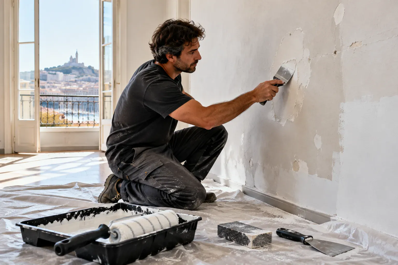 Illustration des étapes de préparation d'un mur avant peinture : diagnostic, rebouchage, ponçage et sous-couche