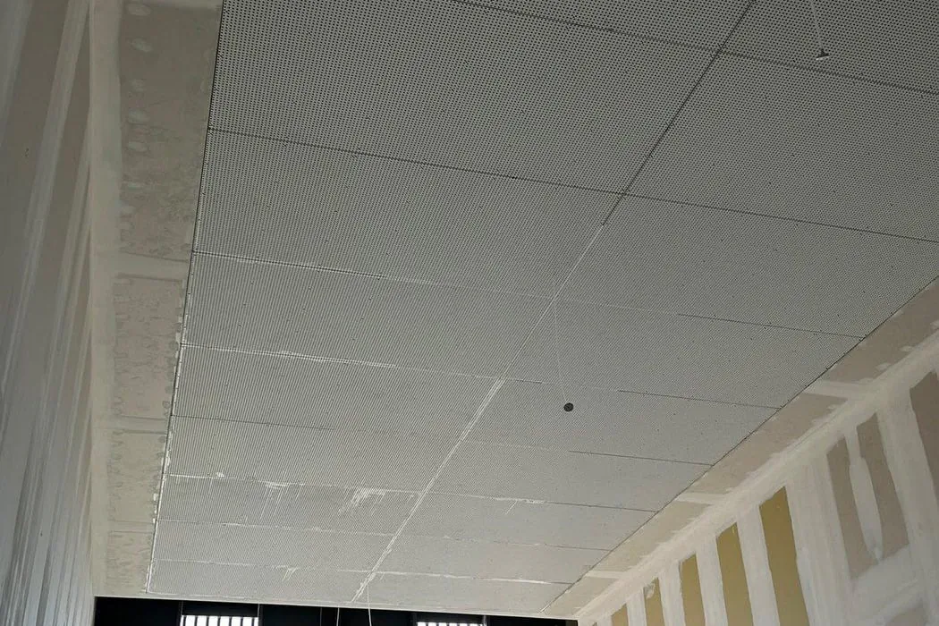 Hall de bâtiment tertiaire : plafond acoustique et grande baie vitrée