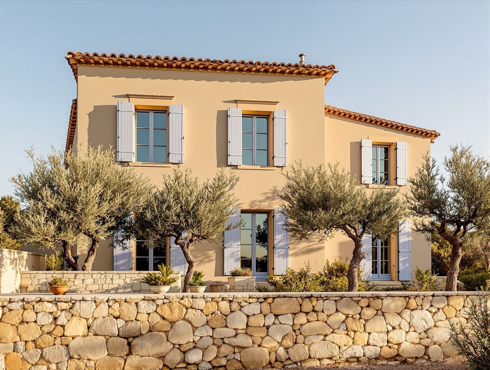 Villa provençale aux murs ocres et volets bleus entourée d'oliviers