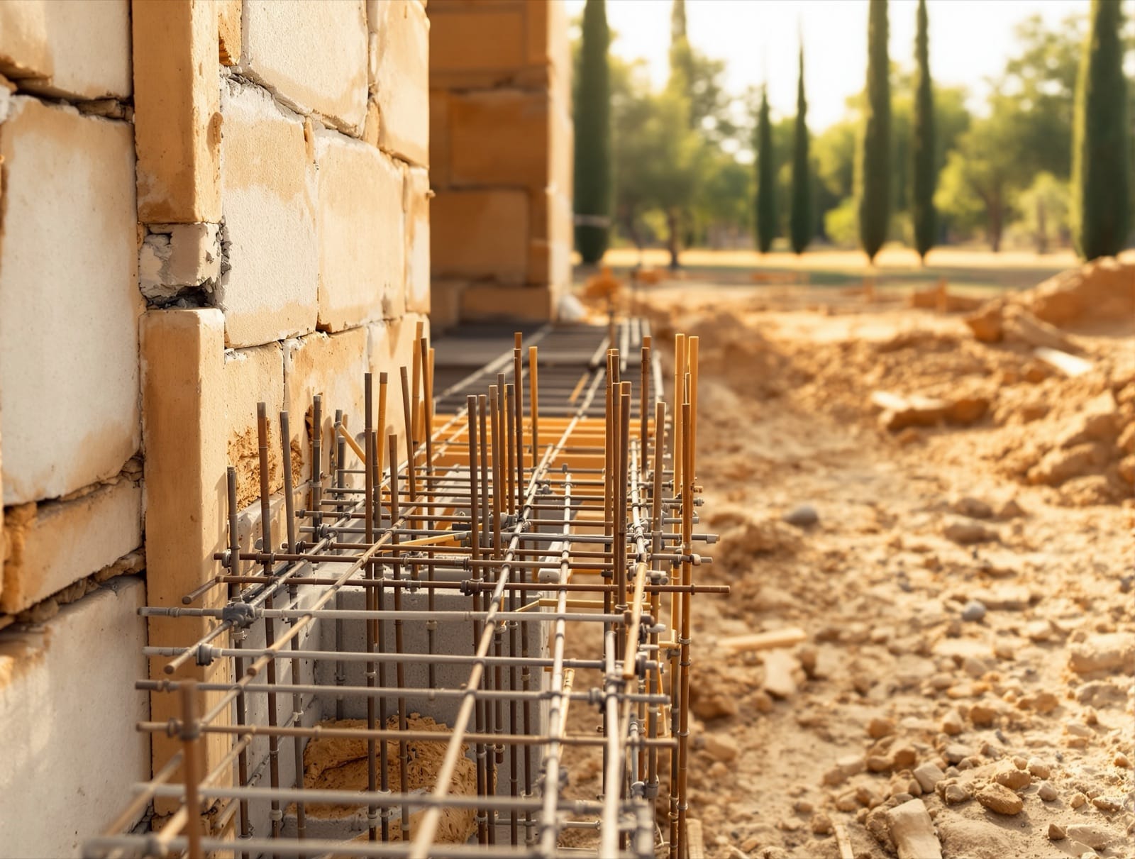 Fondation en ferraillage le long d'un mur en pierre sur un chantier Maisons de Provence