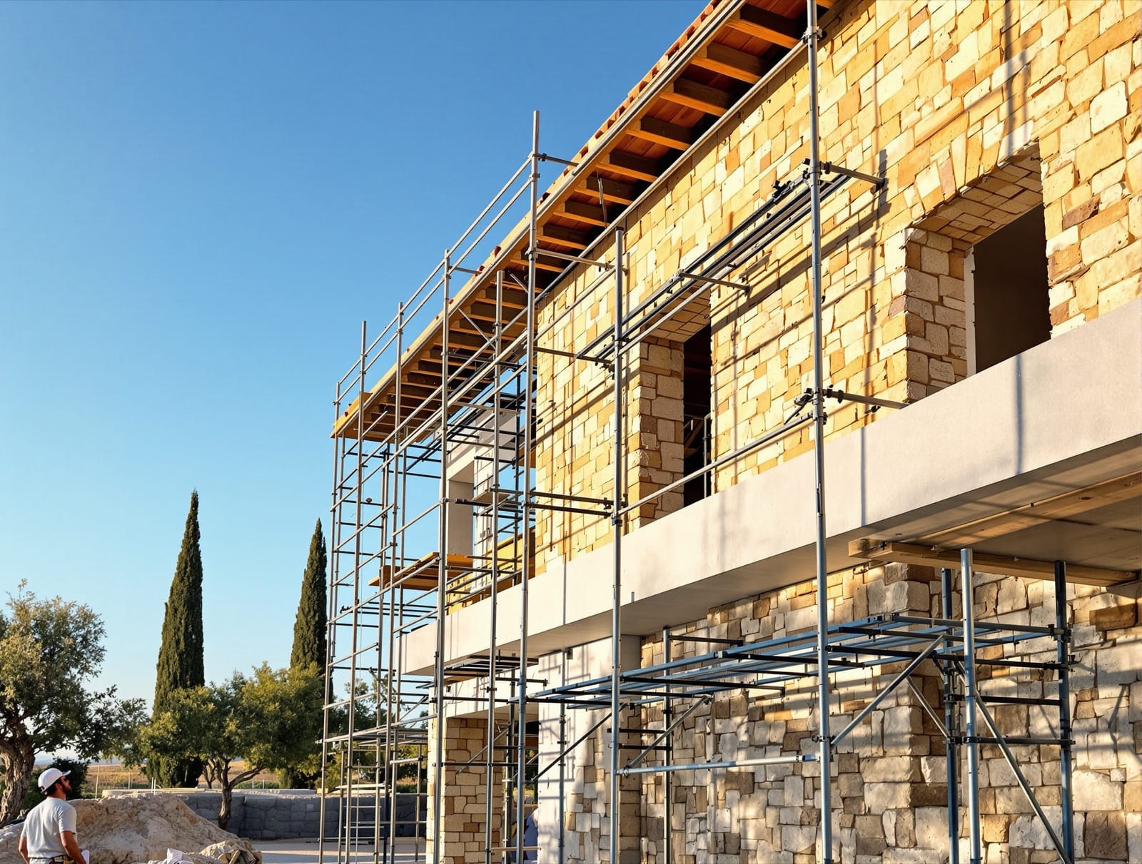 Chantier de maçonnerie Maisons de Provence : bâtisse en pierre avec échafaudages
